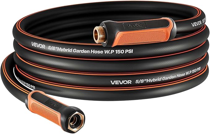 VEVOR Garden Hose, 25 ft 5/8" Heavy Duty 4-Layer Rubber Water Hose, 150PSI Working & 600PSI Burst, Flexible & Non-kink Outdoor Waterhose with 3/4" Fitting, Lightweight Hoses for Gardening Cleaning