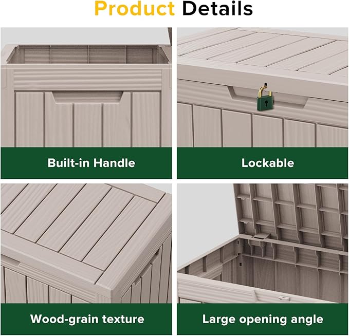 Vixzen 45 Gallon Resin Deck Box, Lockable Outdoor Storage Box for Patio Cushions Storage Furniture,Garden Tools, Pool Supplies, Weatherproof and UV Resistant（Grey，45 Gallon）
