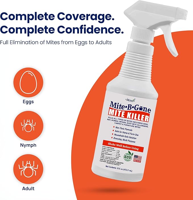 Dust Mite Killer Spray by Mite-B-Gone 16oz | Naturally Kills Human Mites, Chicken, Bird, Dust, Spider, Rat, Turkey, Carpet Mites | Family & Pet Safe Treatment for Homes, Furniture, Bedding & Farms