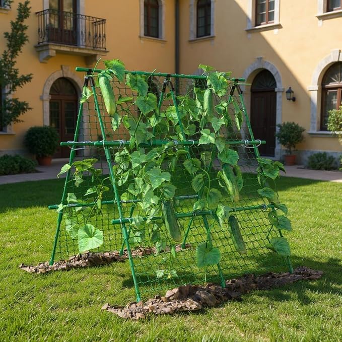 4ft x 4ft Green Metal a-Frame Cucumber Trellis for Climbing Plants – Foldable Garden Support for Cucumbers, Tomatoes, Peas, Beans & Vines with Netting – Fits Raised Beds