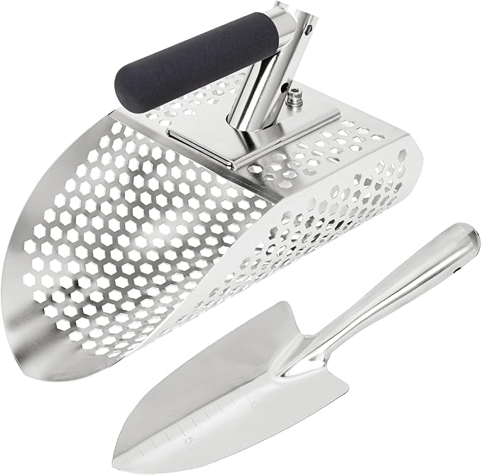 Sand Scoops for Metal Detecting, Stainless Steel Metal Detector Scoop with Digging Tool, Sand Sifter Shovel, Metal Detector Accessories, Heavy Duty Metal Detecting Shovel, Sand Flea Rake for Beach