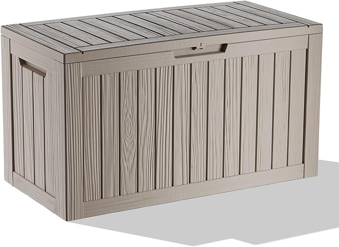 PatioZen 90 Gallon Deck Box,Resin Outdoor Storage Box with Lockable for Patio Furniture, Pool Accessories, Garden Tools Waterproof Outside Storage Box, Grey