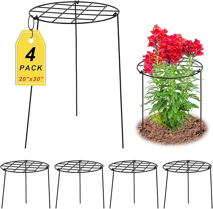 4 Pack Round Peony Cages and Supports 20 x 30 Inches (D x H) Grow Through Grid Plant Brace Plant Support Stake Heavy Duty Metal Flower Support Rings for Rose Tomato Hydrangea Strawberry