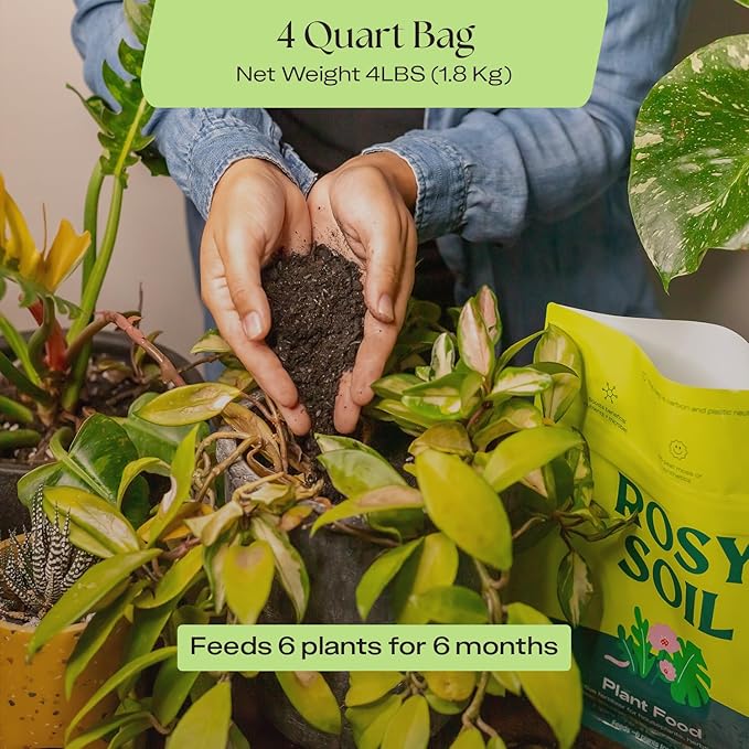 Rosy Soil Plant Food - Microbially Active Fertilizer for Houseplants, Herbs, Flowers – Enriched with Biochar, Kelp, and Worm Castings – Organic Food for Healthy Growth – 4 Quarts