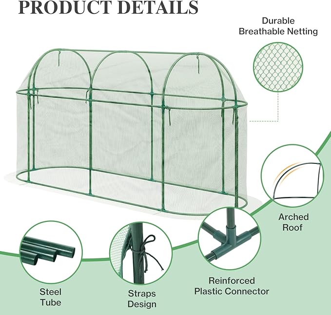 BPS Crop Cages for Garden Plant, 10x3x5 Ft Plant Netting Protection Tent with Zippered Door for Plants, Raised Garden Bed Cover with Frame for Vegetables, Fruits and Flowers