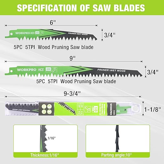 WORKPRO Wood Pruning Reciprocating Saw Blade Set, 6/9 Inch Pruner Saw Blades with 5TPI High Carbon Steel for Fast & Clean Pruning and Cutting Wet Wood, Organizer Case Included,10 Pieces