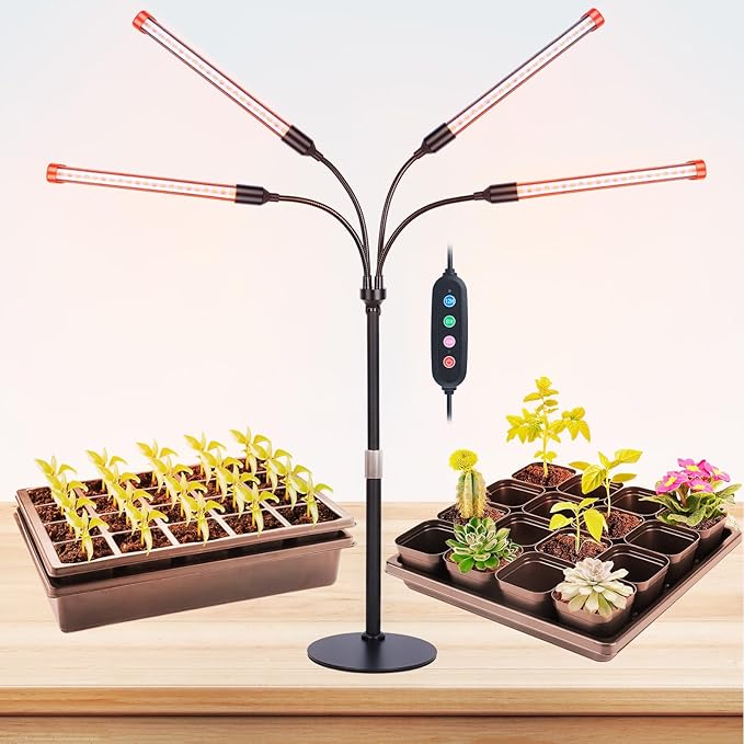 FECiDA 2026 4Head Table Top Grow Lights for Seed Starting, Indoor Plants, Bonsai, 36 Watt Power Draw, NO Need Adapter, 4/8/12/16/20H Timer, 16"-24" Height Adjustable