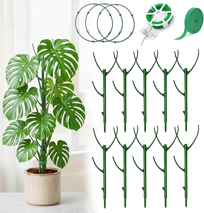 Monstera Plant Support Stakes Indoor - 10 Pack Stackable Garden Trellis for Potted Climbing Pothos Support - Durable All-in-One Tall Plant Sticks Pole for Modern Home Gardening