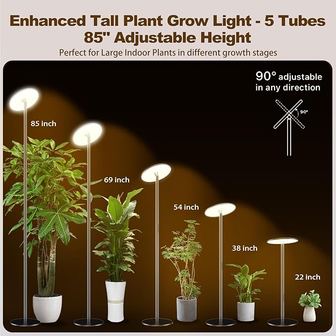 Grow Light for Indoor Plants 60W Full Spectrum LED, 85" Adjustable Standing Plant Light, Tall Grow Light with Timer & 10-Level Dimmable, Ideal for Large Plants & Indoor Trees