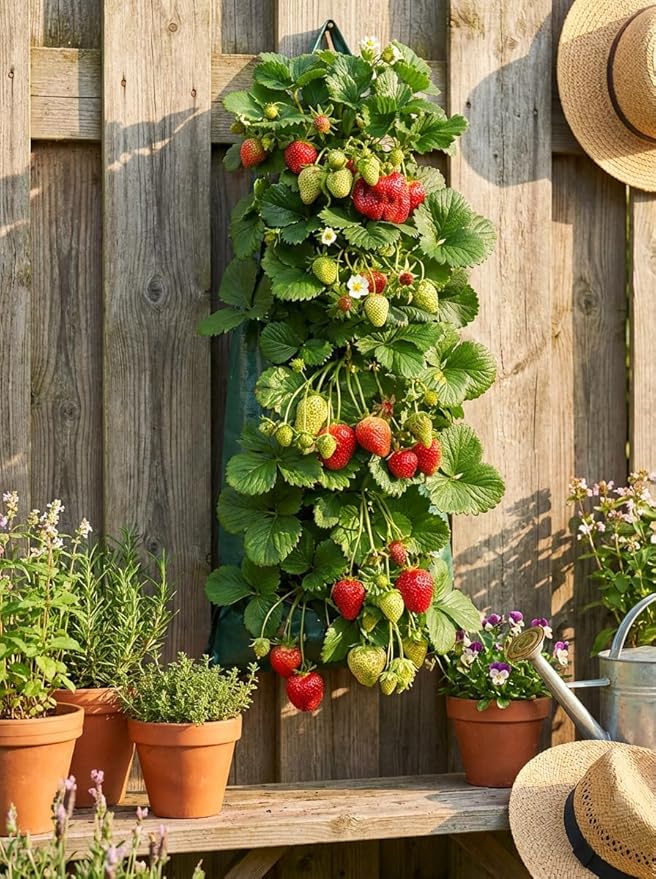 Hanging Strawberry Planter, Durable Thickened Aeration Fabric Grow Bags, Upside Down Vegetable Planter, Patio Garden Container with 8 Planting Holes and Reinforced Handles (3)