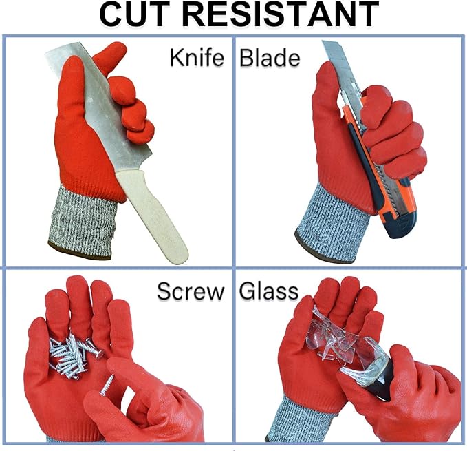 Durable Gardening Gloves for Men, Heavy Duty Nitrile Garden Gloves, Double Coated Work Gloves, Cut Resistant, Puncture Proof, Touch Screen (Red, Medium)