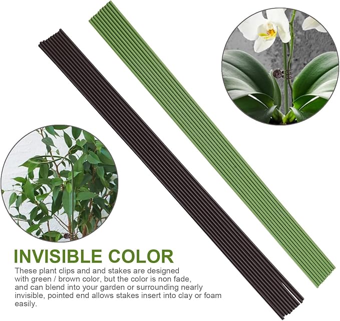 20Pcs Plant Support Stakes with 30 Pcs Plant Clips, Plant Sticks for Indoor and Outdoor Plants, Orchid Clips and Stakes,16inch Tall Bendable Single Stem Flower Stakes Bendable (20, Green-16inch)