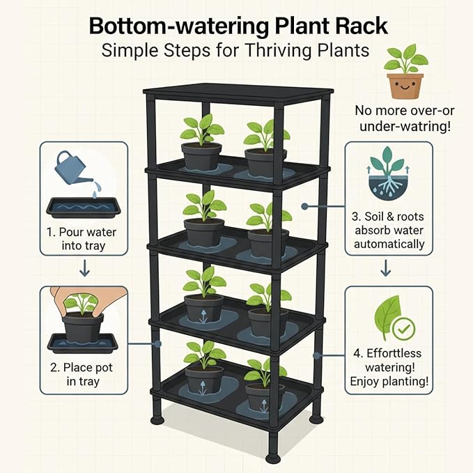 5-Tier Seed Starter Trays Plant Stand with LED Grow Light (Auto-Timer), Bottom Watering Designed for Indoor Greenhouse Plants, Fits Small Pots & Seedling Cell Trays - Black