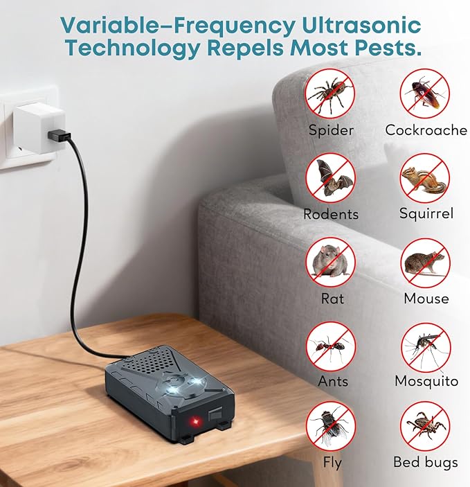 Ultrasonic Pest & Rodent Mouse Repellent, Plug-in Electronic Rat Squirrels Bat Bug Spider Repeller, Battery Operated Deterrent Control Mice for Car Engines, Replace Mouse Traps Indoor, Outdoor 1 Pack