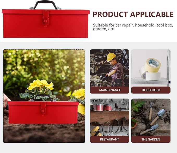 DOITOOL Red Metal Tool Box Iron Sheet Tool Box Metal Toolbox Red Tool Storage Case Lockable, Multi-function Tool Organizer, 15.3X6.2X5.1inch