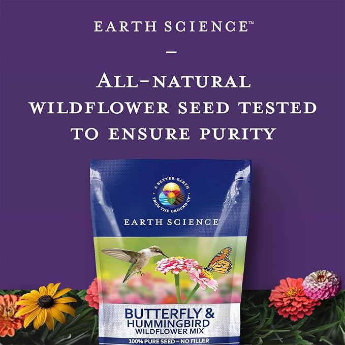 Earth Science Butterfly & Hummingbird Wildflower Seed Blend - 4oz - Premium Flower Seeds to Attract Bees, Butterflies, Hummingbirds & Native Pollinators - Non GMO