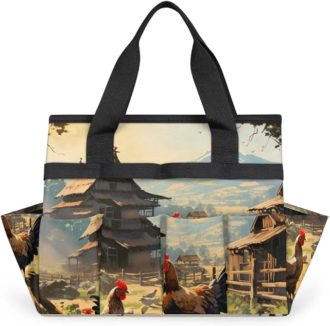 Garden Tool Bag Organizer Garden Tote Bag with Pockets Courtyard Rooster Animal Tool Storage Organizer Gardening Tool Kit Holder 13" x 6.8" x 2.8"