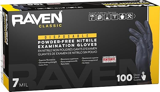SAS Raven Powder Free Nitrile Disposable Gloves - 10 Boxes / 100 Ea. | 1000 Gloves Total |7 Mil - Sm | Latex Free, Chemical + Puncture Resistant, Textured Grip, Single Use | 66516, Black, Small