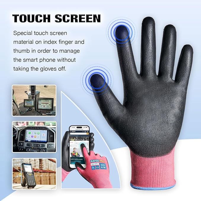 KAYGO Work Gloves PU Coated for Men and Women, 12 Pairs Safety Work Gloves with Two Fingers Touchscreen, Breathable and Lightweight,Ideal for Light Warehouse, Manufacturing, Gardening, KG11P (M,Pink)