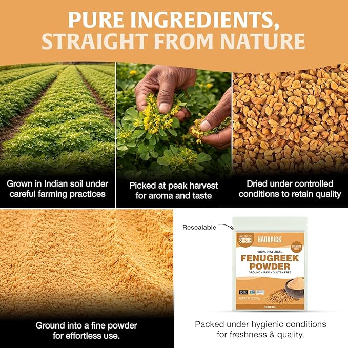 HANDPICK Fenugreek Powder (397g/14oz) Non GMO, Gluten Free, 100% Raw Methi Seeds, Sourced from India, For Cooking, Packed in Resealable Ziplock Pouch