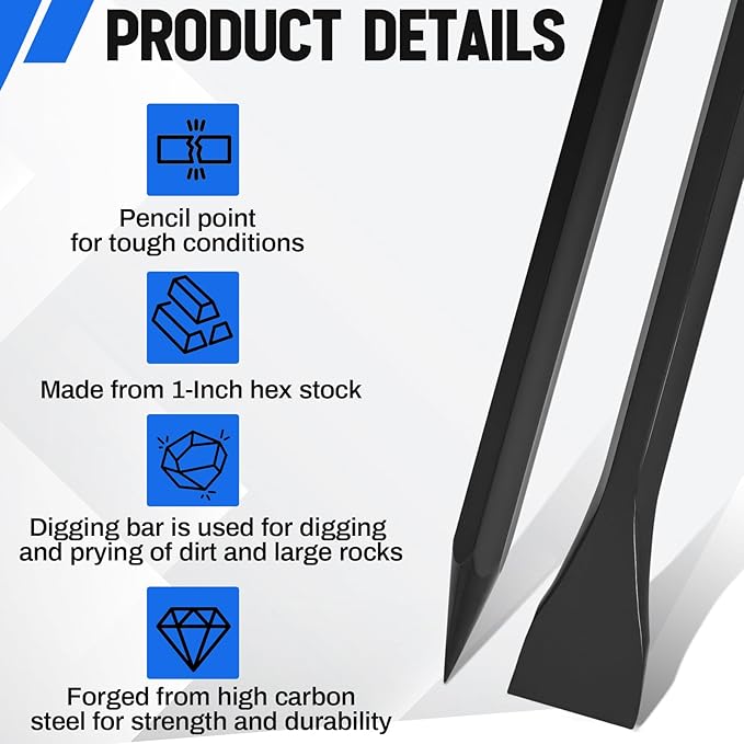 60" (5ft) Chisel Digging Bar 13Lb (6.2kg) Pencil Point Wrecking Pry Road Bar Post Hole Diggers for Digging Prying of Dirt and Large Rocks