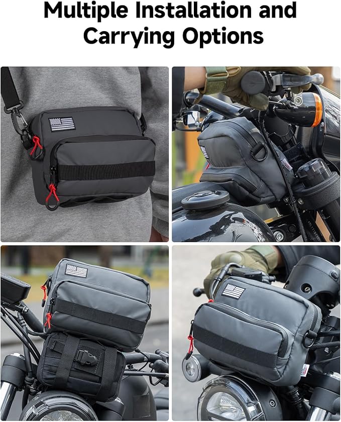 KEMIMOTO Motorcycle Handlebar Bag Universal Motorcycle Tool Bag Bicycle Bar Bag, Front Fork Storage Accessory, Sissy Bar Bag Compatible with Cruiser Softail Dyna Sportsters (Grey Carbon Fabric)