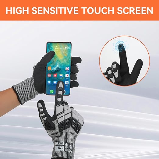 Safety Work Gloves, Impact Gloves for Men Women, Cut Resistant Non-Slip Heavy Duty Gloves with Nitrile Grip, Touch Screen Glove with Impact Protection for Mechanic Construction, Medium, Grey