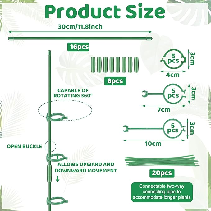12inch Plant Stakes, 16Pcs Adjustable Plant Support Stake Plant Sticks for Indoor Outdoor Green Poles with Rings Clips & Ties for Potted Plants Monstera Tomato Orchid Flower