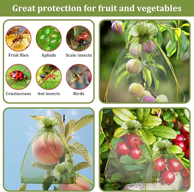 100 Pcs Fruit Protection Netted Bags, 8x12in Mesh Covers for Trees, Green Guards for Grapes & Mango Fruit Trees