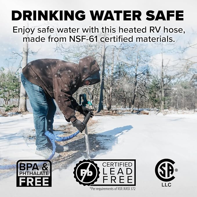 Camco 50' Heated Water Hose for RV — Prevents Freezing Down to -20° — Certified For Drinking Water & Lead-Free — Great for Campers, Livestock, Agriculture, Kennels, etc. — 5/8" ID (22912)