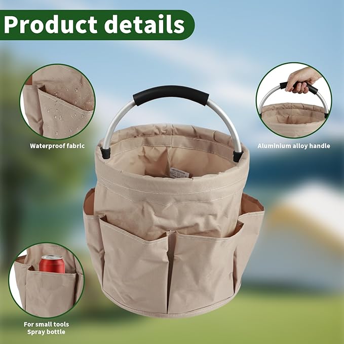 Gardening Storage Tote with Handle and 6 Pockets, Folding Garden Tool Basket 17L Large Capacity Cleaning Organizer Caddy Multifunctional Storage Basket Portable Gardening Caddy for Outdoor Indoor