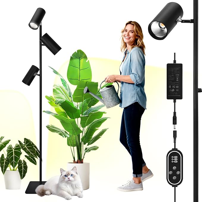 90W Dimmable Grow Light, Warm White Full Spectrum COB LED Triple-Head Floor Lamp with High CRI, 6/8/12H Timer, Adjustable Height (43"-83") & Angle – Standing Grow Lights for Indoor Plants