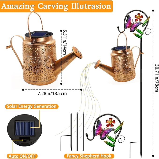 2 Pack Big Solar Butterfly Watering Can Lights, Gift For Mom Grandma Women Wife Daughter Mother's Day, Waterproof Outdoor Decor Light With Shepherd Hook, Hanging lantern Light For Yard Garden Backyard