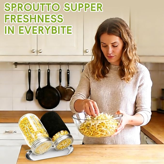 2Pack Sprouting Kit with Stainless Steel Screen Sprouting Lids, Glass Mason Jars, Light-Blocking Sleeves and Brush, Premium Reusable Sprouts Growing Kit for Organic Broccoli Alfalfa Seeds Bean Sprouts
