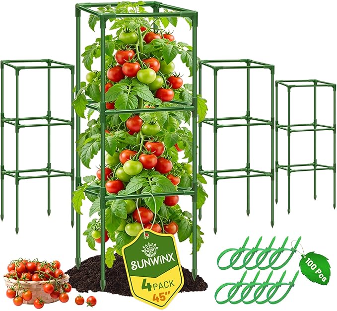 4 Pack Square Tomato Cages for Garden, 45 Inch Adjustable Tomato Stakes, Metal Tomato Trellis, Garden Plant Support for Potted Climbing Plants, Vegetables Flowers Fruits, Raised Garden Bed