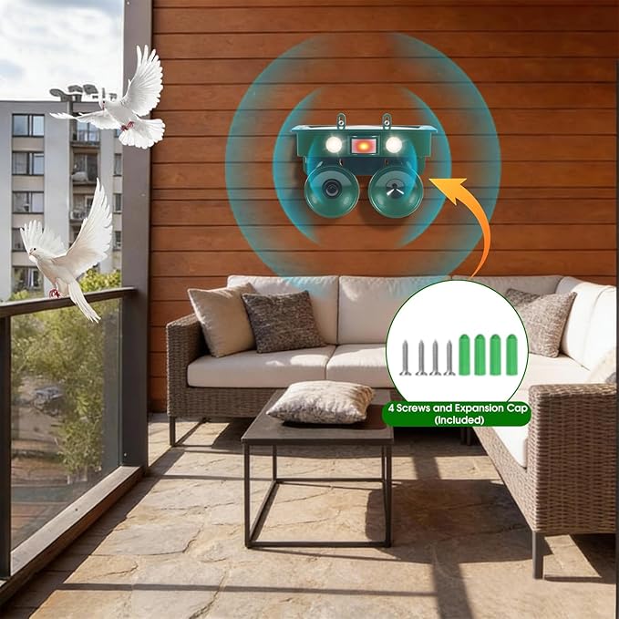 Solar Ultrasonic Bird Repellent Devices Pigeon Repeller Outdoor with Flash Light, Ultrasonic Animal Stopper Device with Motion-Sensor, Bird Repellent to Keep Birds Away from Patio Balconies Farm