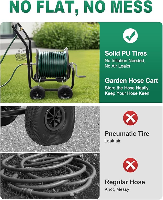 Outvita Garden Hose Reel Cart, Lawn Water Planting Cart with Wheels, Heavy Duty Outdoor Yard Water Planting Truck Holds 300-Feet of 5/8-Inch Hose with Storage Basket for Patio Farm(Black)