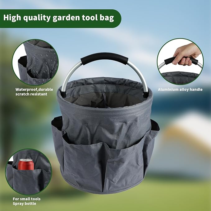 Gardening Storage Tote with Handle and 6 Pockets, Folding Garden Tool Basket, Storage Bag for Outdoor Picnicking, Beachcombing, Bathroom Essentials, Home Shopping, Gray