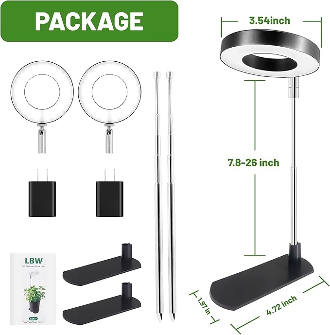 LBW Grow Light for Indoor Plants, Full Spectrum Halo Plant Grow Light with Base, Height Adjustable Plant Lamp with Auto On/Off Timer 4/8/12H, 4 Dimmable Brightness, for Small Plants, Black, 2 Packs