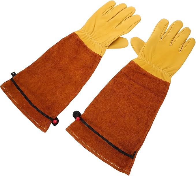 VICASKY Thorn Proof Gardening Gloves Long Sleeve Goat Leather and Brown Cowhide Protective Work Gloves for Outdoor Gardening, Welding, and Beekeeping, Size L