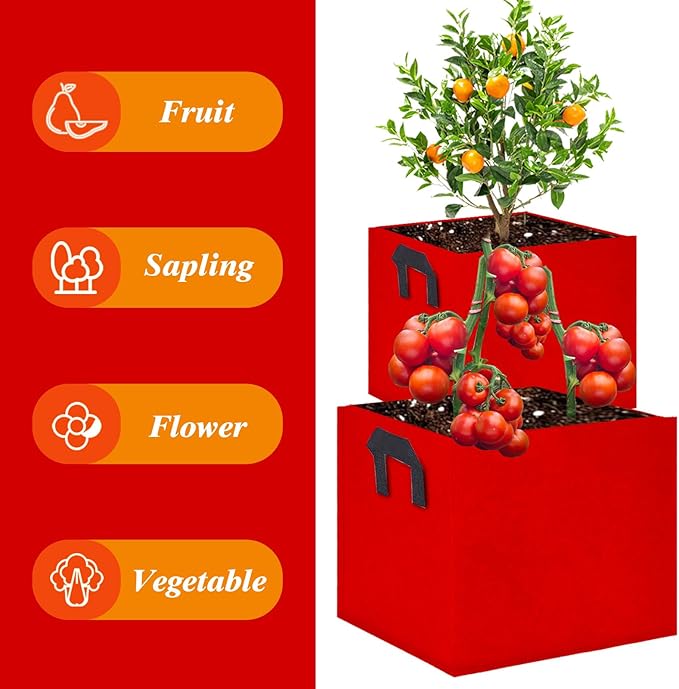 Square Grow Bags, Garden Fabric Planter Container with Handles Bed Flower Vegetables Pots 1MM Thickness Economic Colorful (Red,13.78x13.78x13.78 Square)