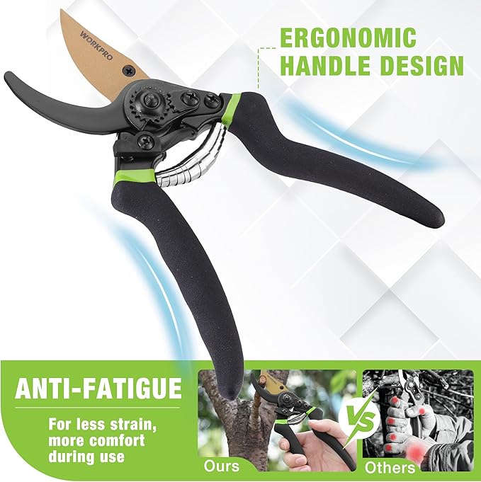 WORKPRO 8.5" Bypass Pruning Shears, Professional Garden Shears with Sharp SK5 Blade, Garden Clippers, Hand Pruner for Branches, Flowers, Fruits, Plants, Bonsai, Effortlessly Prunes 3/4" Branches