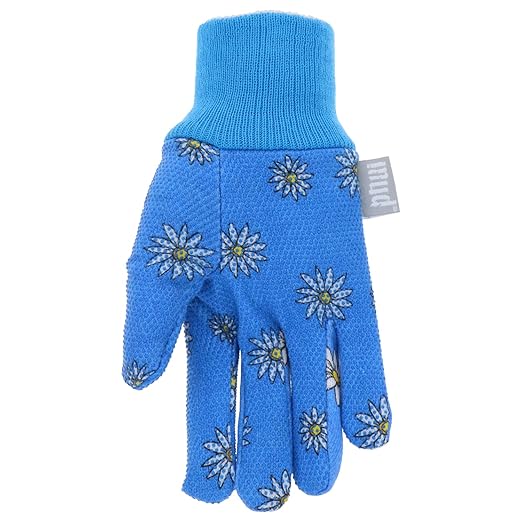 MUD Essential Women's PVC Dotted Palm And Daisy Printed Jersey Garden Glove, Extreme Comfort, Excellent Grip, Durable Wear, Blue, Medium/Large (M61001B-WML)