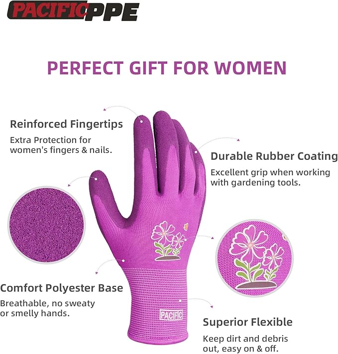 PACIFIC PPE 6 Pairs Gardening Gloves for women and Ladies, Rubber Coated Garden Gloves, Outdoor Protective Work Gloves, Medium Size fits Most, Purple & Red