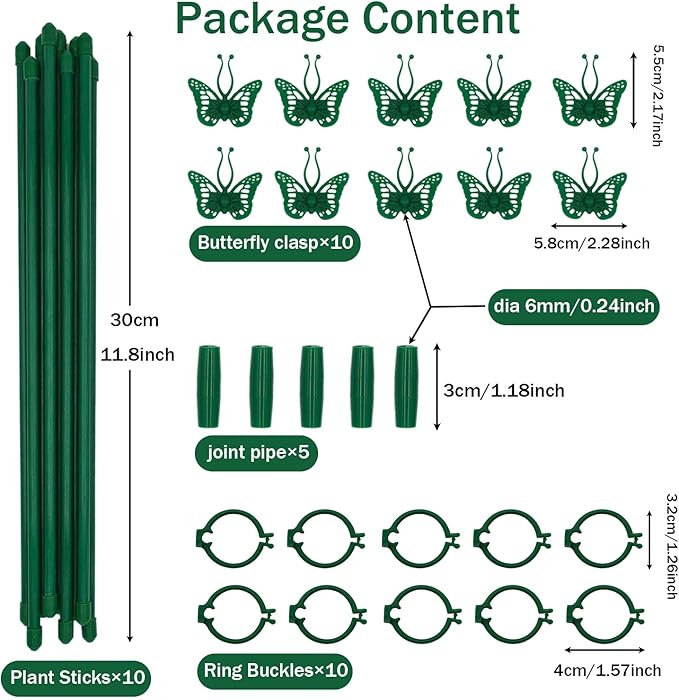 35 Pcs Plastic Plant Support Stakes Kit - 10 Stakes (30cm/12in), 20 Clips & 5 Links Adjustable Plant Support Sticks for Indoor Outdoor Garden Potted Rose Tomato Vegetables