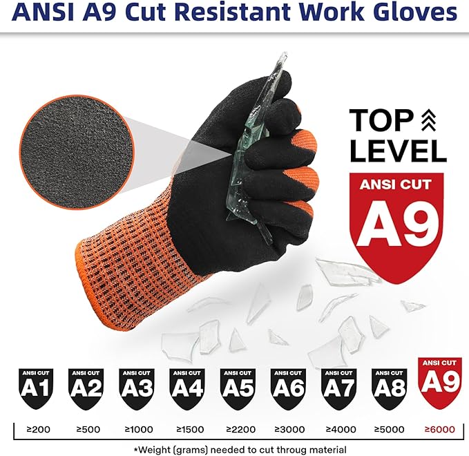 Schwer ProGuard Highest Level Cut Resistant Work Gloves PR3326 for Extreme Protection，ANSI A9 Cut Gloves with Reinforced Thumb, Non Slip, Breathable, Durable, Touch-screen, Orange 1 Pair（L）