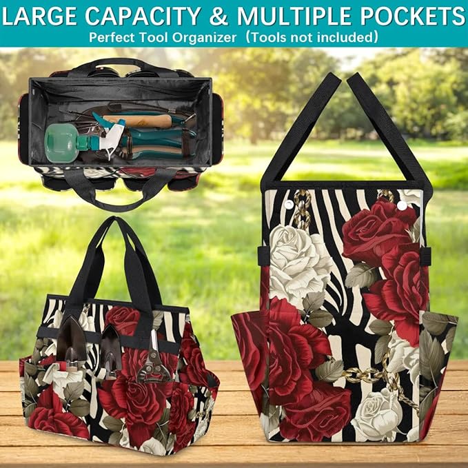 Garden Tool Bag Organizer Garden Tote Bag with Pockets Rose Zebra Pattern Tool Storage Organizer Gardening Tool Kit Holder 13" x 6.8" x 2.8"