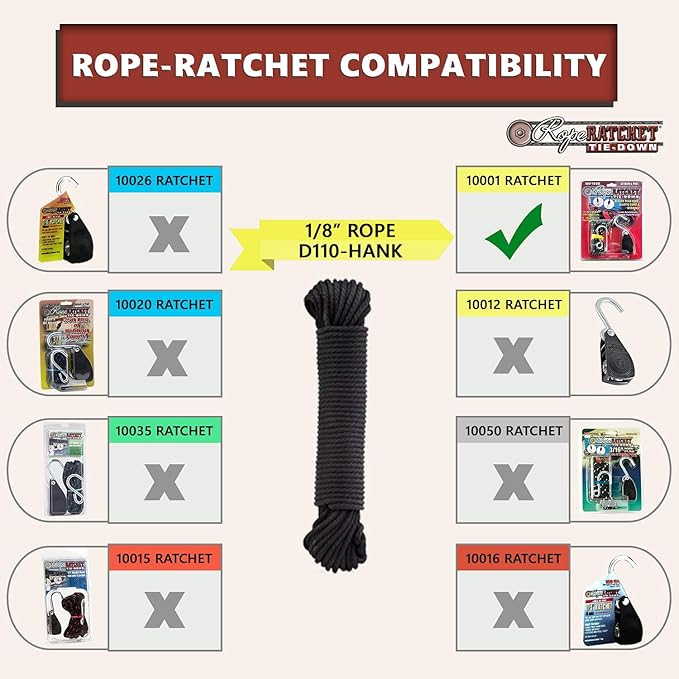 Rope Ratchet 1/8" 50 ft Braided Polyester Utility Cord, Weather Resistant Indoor Outdoor for Gardening, DIY Projects, Securing Loads, Binding, Knot Tying, Tarp Use, 75 lb Capacity - Black