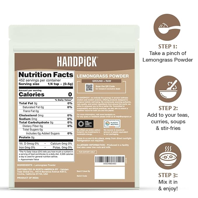 HANDPICK Lemongrass Powder (226g/8oz) Non GMO, Gluten Free, 100% Raw, Sourced from India, For Cooking, Smoothies, Tea, Packed in Resealable Ziplock Pouch