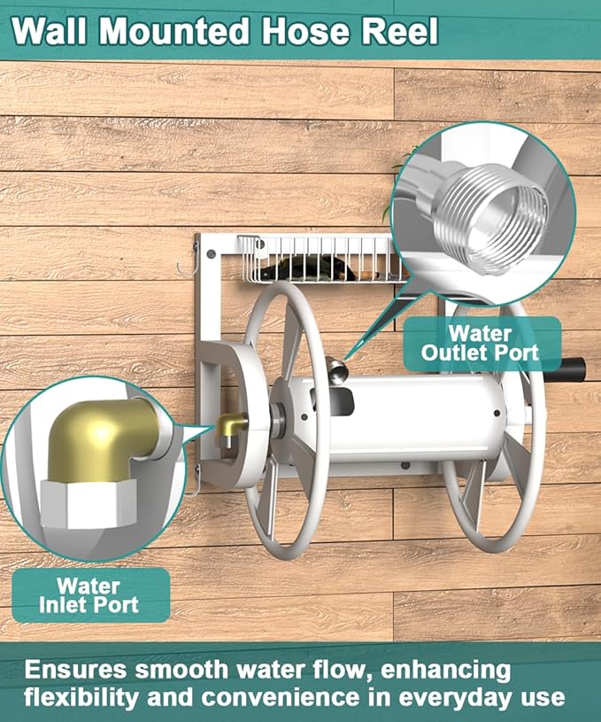 Outdoor Wall Mounted Hose Reel with Hook, Garden Heavy-Duty Water Hose Holder Winder with 3.9 ft Leader Hose, Brass Fitting and Storage Basket for Yard, Holds 125 Ft of 5/8-Inch Hose, White